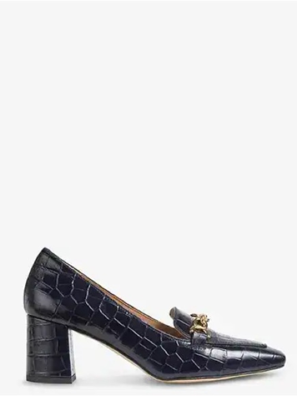 LK Bennett Black Croc-Embossed Block Heel Loafer with Gold Chain
